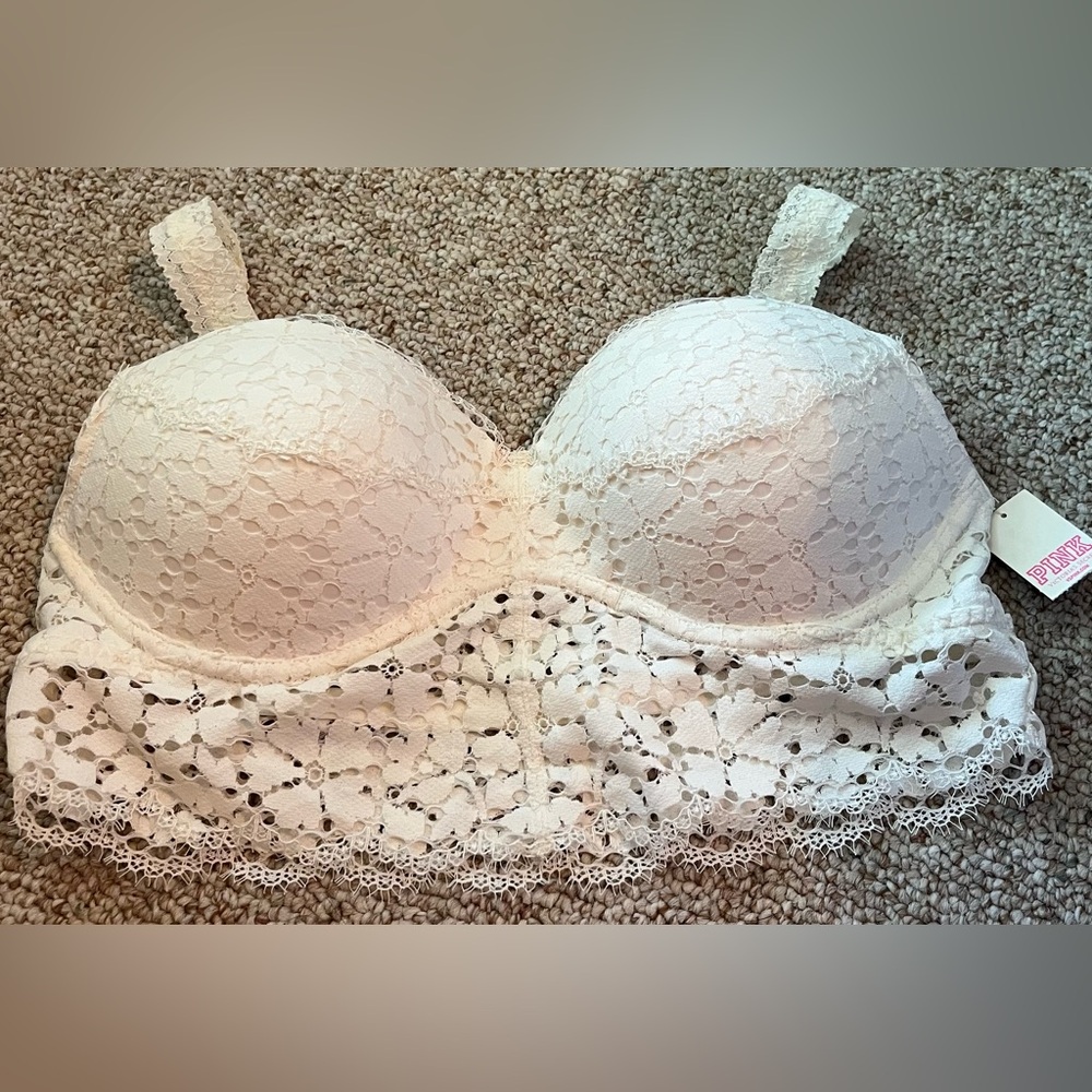 PINK Cream Lace Underwire Bra with Floral Detail
